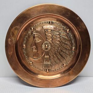 Copper Hand Hammered Vintage Wall Plaque Plate Aztec Chief Motif Boho Decor